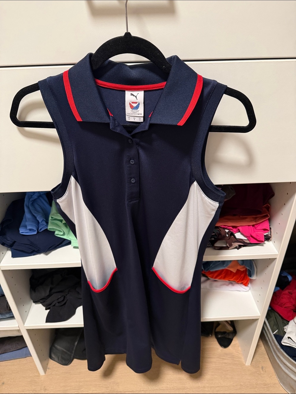 Puma Navy Sleeveless Polo Dress with White Side Panels and Red Trim